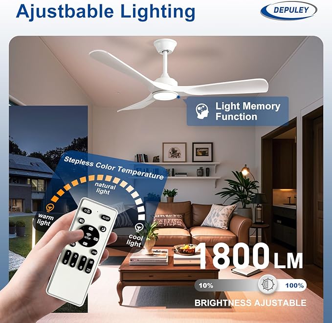 Depuley Ceiling Fan with Light and Remote: 52 Inch White 3 Blade Outdoor Fans for Patios - Dimmable Indoor Fan with Remote Control Fandelier Ceiling FansUltra Quiet DC Motor Reversible 6 Speed Timer