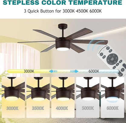 SHOWDI Ceiling Fan with Lights and Remote, 6 Blade App Control Timer Reversible Stepless Brightness and Color Temperature Outdoor Wood Ceiling Fan with Lights (Brown, 56 Inch)