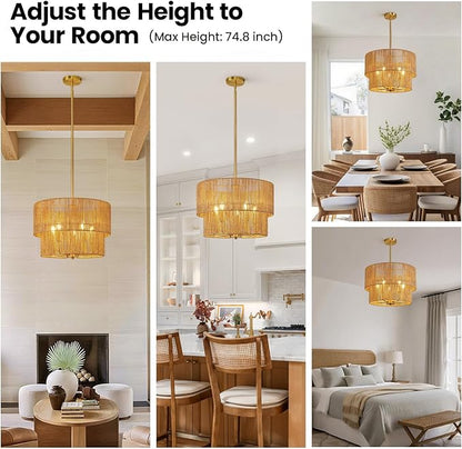 RUIYEY Rattan Chandelier Light Fixtures: 18 inch Boho Pendant Lights with Wicker Lampshade, E12 5 Light Height Adjustable Hand Woven Hanging Chandeliers for Dining Room Kitchen Farmhouse Living Room