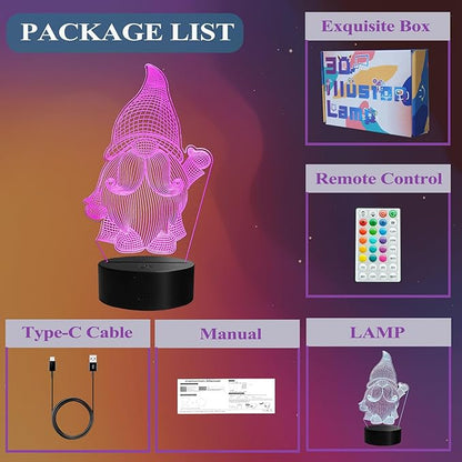 Gnome Night Light, Gnome Gifts, 3D Illusion Lamp with Remote Control, 16 RGB Colors, 4 Flashing Modes, Timer, Dimmable, Gnome Stuff for Decor for Holiday Birthday Christmas