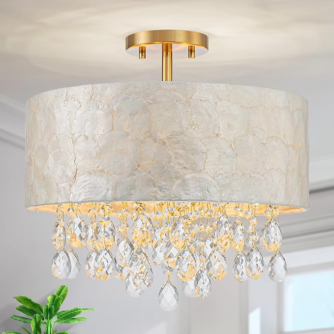 LumFurn 4-Light Drum Capiz Shell Crystal Chandeliers, Coastal Design Semi-Flushmount Ceiling Light Fixture for Dining Room, Bedroom, D16xH16 inch, Shell Lampshade & Gold Finish