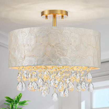 LumFurn 4-Light Drum Capiz Shell Crystal Chandeliers, Coastal Design Semi-Flushmount Ceiling Light Fixture for Dining Room, Bedroom, D16xH16 inch, Shell Lampshade & Gold Finish