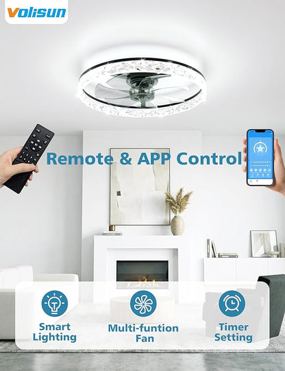 VOLISUN Low Profile Ceiling Fan with Lights and Remote, 24in Modern Ceiling Fans Flush Mount, 3000K-6500K Dimmable Bladeless LED Fan Light, Black Fandelier Ceiling Fans with Lights for Bedroom