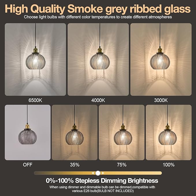7.8in Vintage Pendant Light 1- Light Kitchen Sink Pendant Lights with Smoke Gray Hand Blown Glass Small Hanging Lamp for Kitchen Island Dining Room Bedroom Bathroom Hallway E26