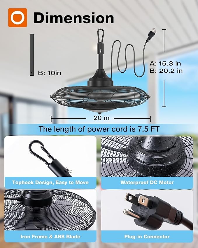 addlon Outdoor Ceiling Fan with Light for Patios, 20 inch Black Waterproof Gazebo Fan with Remote&APP Control, Reversible, Dimmable, Plug in Hook Mount Portable Fan for Garage Pergola Porch Canopy