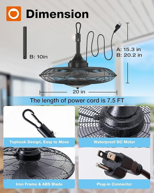 addlon Outdoor Ceiling Fan with Light for Patios, 20 inch Black Waterproof Gazebo Fan with Remote&APP Control, Reversible, Dimmable, Plug in Hook Mount Portable Fan for Garage Pergola Porch Canopy