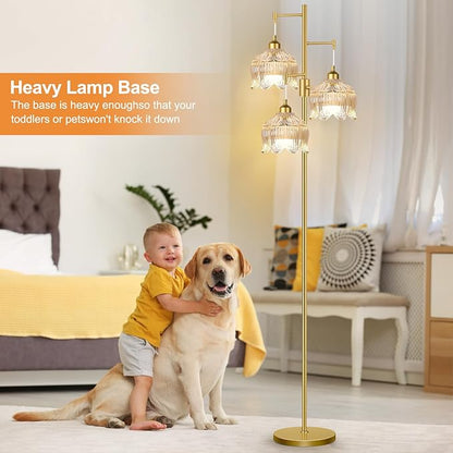 Dimmable Floor Lamps for Living Room Bedroom-3 Light Gold Floor Lamp with Glass Lampshape, Flower Tall Lamp Mid Century Modern Standing Lamp Glass Tree Floor Lamps for Living Room Bedroom,Corner