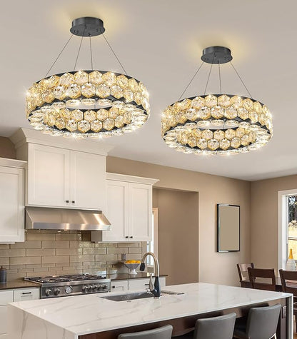 Crystal Chandeliers Modern Rings Pendant Light LED Dimmable Ceiling Light for Bedroom Dinning Room Kitchen Black