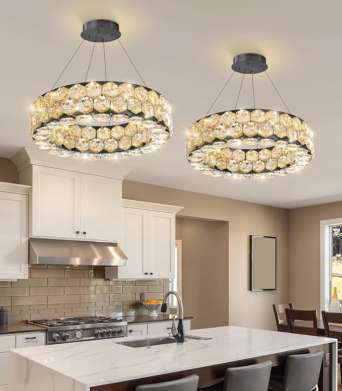 Crystal Chandeliers Modern Rings Pendant Light LED Dimmable Ceiling Light for Bedroom Dinning Room Kitchen Black
