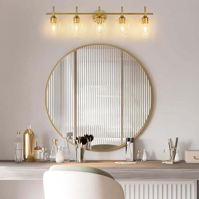 Bathroom Vanity Light, 5-Light Brushed Gold Modern Bathroom Light Fixtures with Clear Shades, Vanity Lighting Fixtures Over Mirror (Exclude Bulb)