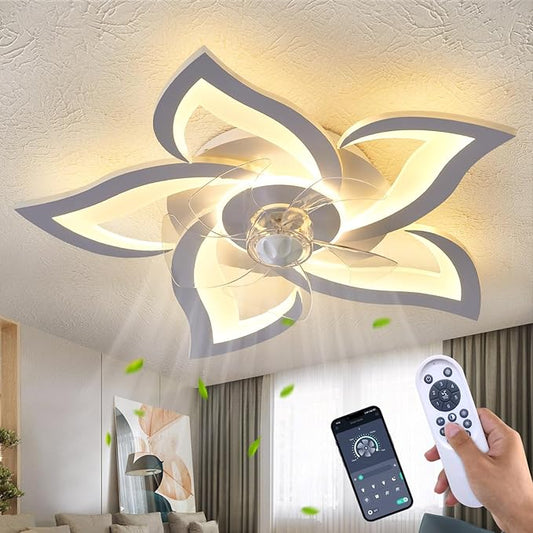 Ceiling Fan with Lights Remote Control, 3 Colors, 6 Speeds, 24" Geometric Bladeless Ceiling Fan, White Low Profile Ceiling Fan with Light for Kitchen Bedroom