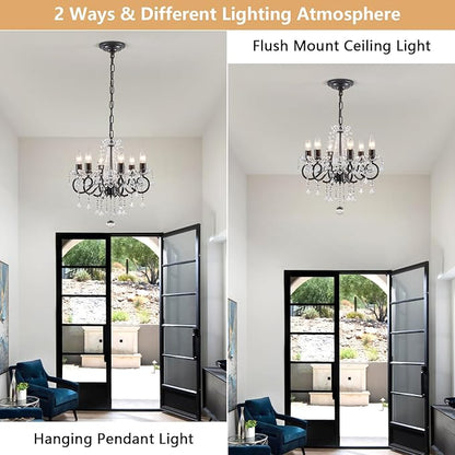 Black Crystal Chandelier, 6-Light European Candle Style Pendant Light, Luxury Decorative Ceiling Light for Living Room Dining Room Bedroom