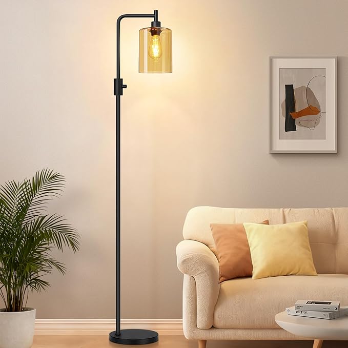 【Upgraded】Dimmable Floor Lamps for Living Room with Amber Glass Shade, Modern Industrial Floor Lamp with 900LM Bulb Included, Glass Standing Tall Lamp for Bedroom, Office, Reading Room, Corner, Black