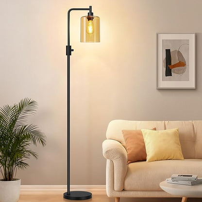 【Upgraded】Dimmable Floor Lamps for Living Room with Amber Glass Shade, Modern Industrial Floor Lamp with 900LM Bulb Included, Glass Standing Tall Lamp for Bedroom, Office, Reading Room, Corner, Black