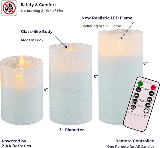 VENTA Frosted Glass LED Candles, Set of 3 | Warm Amber Flickering Pillar Candles with Remote | Creates Cozy, Relaxing Hygge Ambiance for Bedroom & Living Room