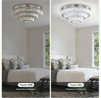 Modern LED Crystal Chandelier 3-Tier LED Ceiling Light Round Ceiling Flush Mounted Chandelier Light Fixure for Dinning Room Bedroom Living Room (Cool White)
