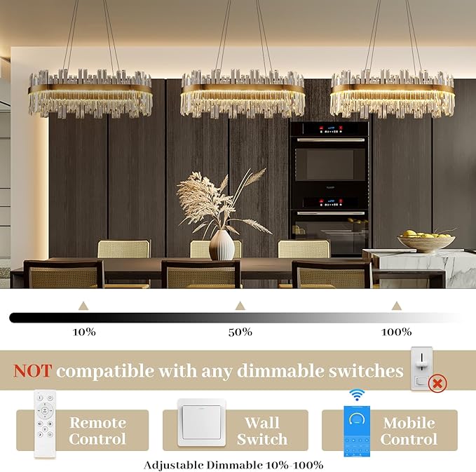 Gold Modern Crystal Led Chandelier: 39.3" Dimmable K9 Crystals Chandeliers over Table - Golden Luxury Glass Rectangle Chandelier - Height Adjustable Chandeliers with Remote for Dining Room Living Room