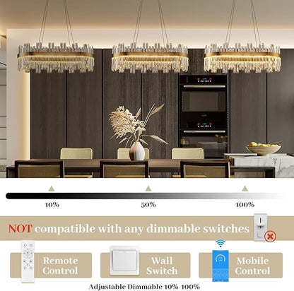 Gold Modern Crystal Led Chandelier: 39.3" Dimmable K9 Crystals Chandeliers over Table - Golden Luxury Glass Rectangle Chandelier - Height Adjustable Chandeliers with Remote for Dining Room Living Room