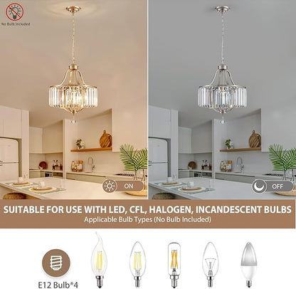 Modern Crystal Chandeliers Round 4-Light Large Brushed Nickel Pendant Lighting Fixture for Dining Room Living Room Kitchen Island Bedroom Hallway Hall Foyer, 15.7"
