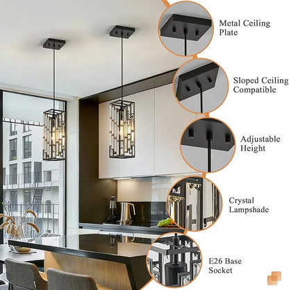 Black Pendant Lights Kitchen Island 2 Pack, Adjustable Modern Pendant Light Fixtures, Mini Crystal Chandeliers for Dining Room Bedroom Foyer Hallway