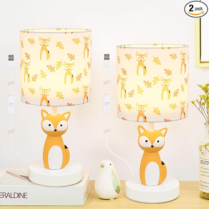 Fox LED Table Lamps with USB Port DC5V,Set of 2,Orange Kids Table Lamp,Night Light for Kids Room,Nursery,Bedroom,Kitchen Counter,Gameroom,Φ5.91×H12.88IN,Hand-Made