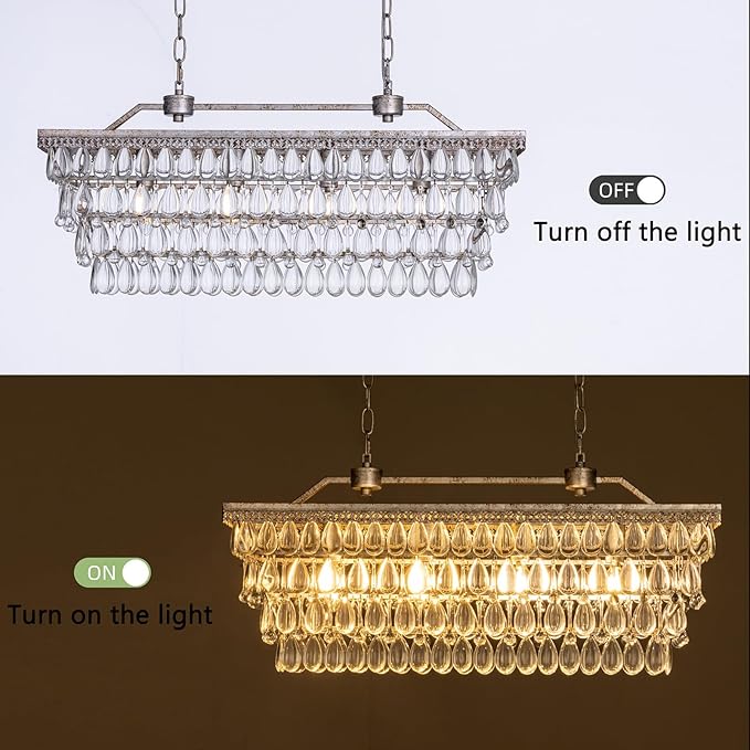 Wellmet Dining Room Crystal Chandelier, 30 Inch Antique Silver Rectangle Chandeliers Over Table, 4 Lights Farmhouse Kitchen Island Lighting, Vintage Crystal Chandelier Light Fixture for Living Room