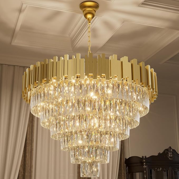 Modern Crystal Chandelier 32" Round K9 Crystal Ceiling Light Adjustable Gold 6-Tier Chandelier with 13 Lights Elegant Fixture for Dining Room Living Room Foyer