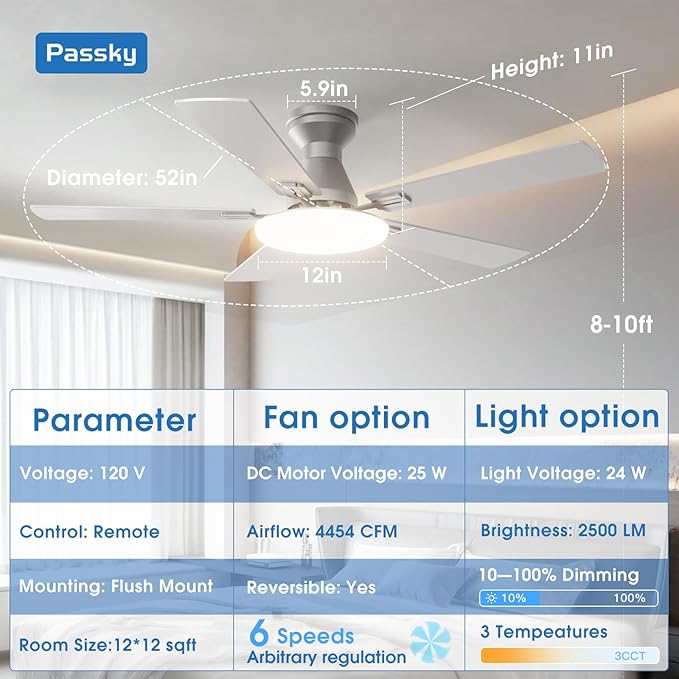 Passky Ceiling Fans with Lights, 52 inch Flush Mount Ceiling fan with Remote Control, Low Profile Silver Ceiling Fan for Bedroom, Farmhouse, Reversible, 3CCT, Dimmable, Noiseless DC Motor