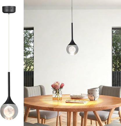 Modern Crystal Moon Pendant Light, Black Dimmable Natural White (3000K) LED Hanging Light Fixture for Kitchen Island, Dining Room, Bar, Bedroom