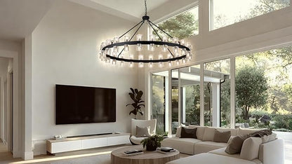 48 Inch Black Crystal Wagon Wheel Chandelier, Modern Farmhouse Round 48-Lights Pendant Lighting Fixture, for High Ceilings Living Room, Bedroom, Foyer