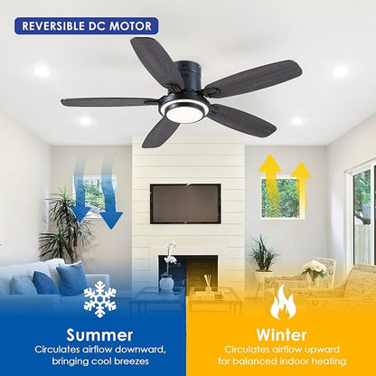Hounberi 50 Inch Low Profile Ceiling Fans with Lights and Remote, Modern Flush Mount Black Ceiling Fan, 3CCT, Dimmable, Quiet DC Reversible Motor, for Bedroom Living Room Indoor/Outdoor Use