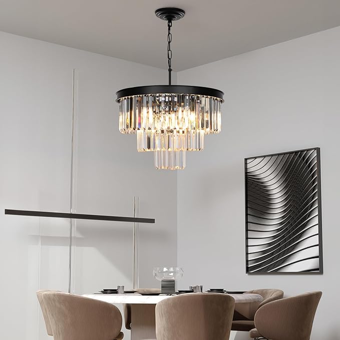Weesalife Crystal Chandeliers for Dining Room Lights Fixtures, 9 Lights Black Modern Chandeliers for Bedroom, 3-Tier Round Crystal Lighting Fixtures for Living Room Entryway Kitchen Island D20 Inch