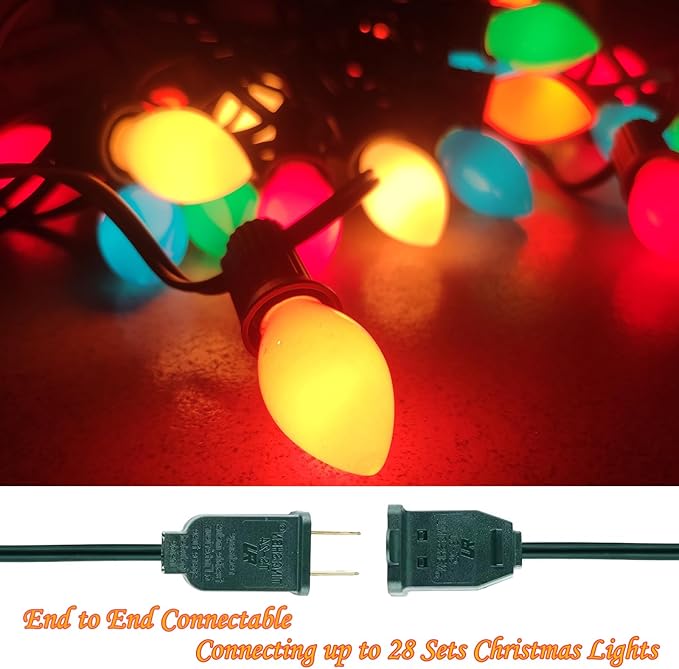 25Ft LED Christmas Lights Multicolor C7 Vintage Christmas Lights with 27 Colored Plastic LED Bulb Light(2 Spare), Old Fashioned Xmas Hanging Light Outdoor for Roof Patio Party Xmas Decor