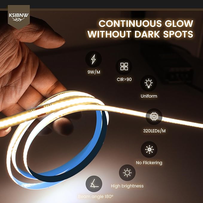 COB LED Strip Lights 16.4ft/5m, 24V LED Light Strip, Warm White 3000K Under Cabinet Lighting, Super Bright Flexible Tape Lights for Bedroom,Mirror,Kitchen,Living Room(Power Supply Not Included)