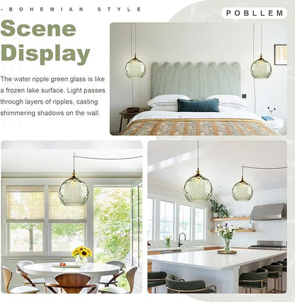 Plug in Vintage Pendant Light Green Glass Boho Hanging Swag Lamp with 13.8-inch Hammered Glass Globe Large Plug in Light Fixture Ceiling Hanging for Kitchen Dining Room Living Room