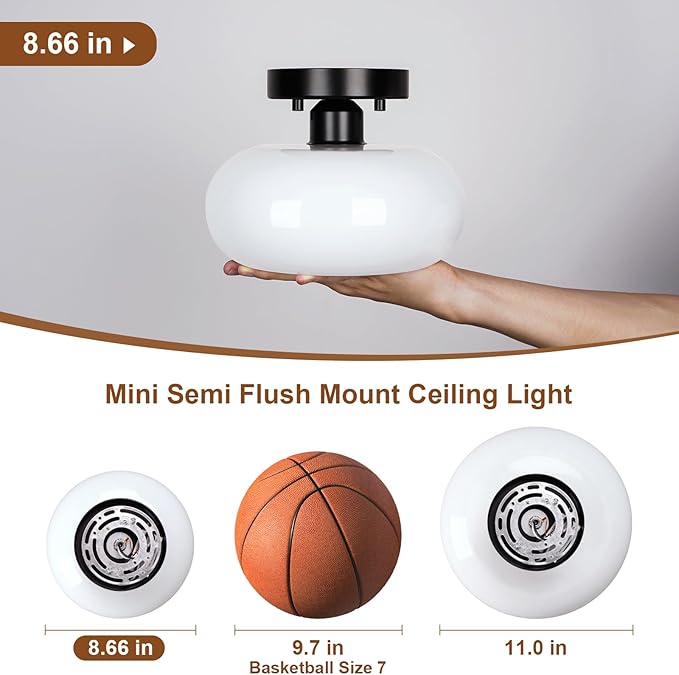 WOKNOS Mid-Century Modern Semi Flush Mount Ceiling Light, Metal Kitchen Light Fixture with Glass Shade, Mini White and Black Colse to Ceiling Lamp for Entryway Hallway Bathroom (8.66 Inch)