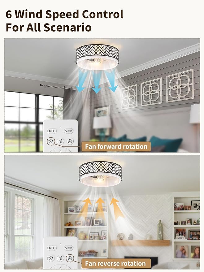20" Farmhouse Rustic Flush Mount Ceiling Fan with Light, Black Ceiling Fans with Lights Low Profile, Enclosed with Remote Control 6 Speeds for Living Room, Bedroom, Nursery