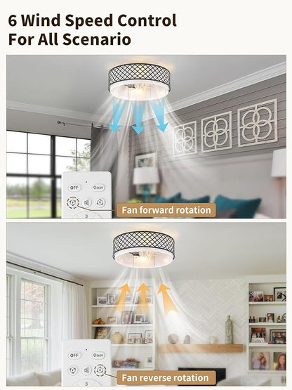 20" Farmhouse Rustic Flush Mount Ceiling Fan with Light, Black Ceiling Fans with Lights Low Profile, Enclosed with Remote Control 6 Speeds for Living Room, Bedroom, Nursery
