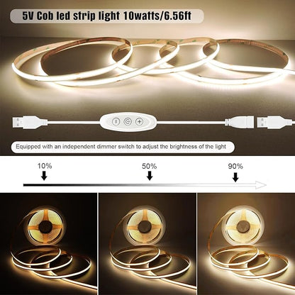 COB LED Strip Lights Natural White 4000K CRI 92+ Even Lighting Short 5V Dimmable Flexible Cuttable 6ft with Dimmer Switch for Desk Cabinet Home Office DIY Project Decoration