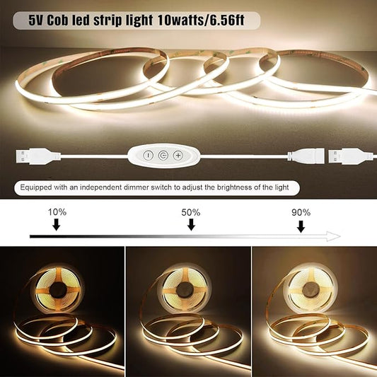 COB LED Strip Lights Natural White 4000K CRI 92+ Even Lighting Short 5V Dimmable Flexible Cuttable 6ft with Dimmer Switch for Desk Cabinet Home Office DIY Project Decoration