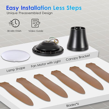 Ceiling Fans with Lights, 51 inch Modern Low Profile Ceiling Fan with Light and Remote App Control, Flush Mount, Quiet DC Reversible, Dim Led Ceiling Fan 6 Blade Softer Wind Indoor/Outdoor Patio Brown