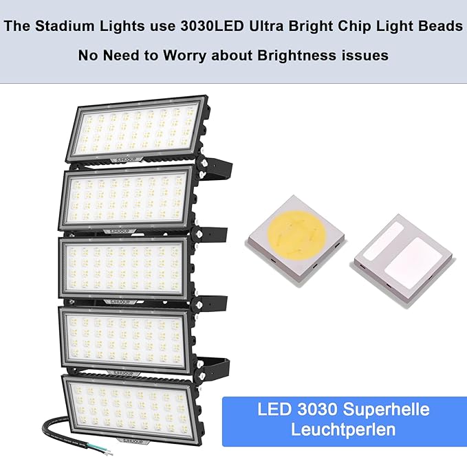 1500W LED Stadium Light 195000LM Super Bright Outdoor Flood Light 6500K Daylight Commercial Arena Lighting 100-277V IP67 Waterproof Adjustable Angle for Sport Fields, Courts