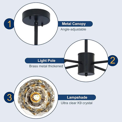 Depuley Chandelier Ceiling Light Fixture: 12-Light Modern Sputnik Chandelier for Dining Room - Height Adjustable Mid Century Black Crystal Chandelier for Bedroom Living Room (Included G9 Bulbs)