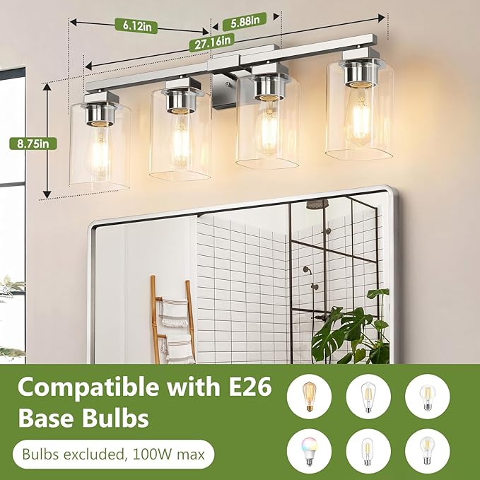 BesLowe 27" 4-Light Bathroom Light Fixture, Modern Brushed Nickel Bathroom Vanity Light, Bathroom Lighting Fixtures Over Mirror, Matte Nickel Bathrom Wall Lamp, Wall Lights for Living Room Bedroom