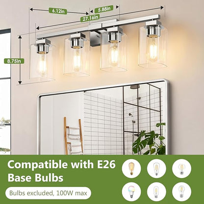 BesLowe 27" 4-Light Bathroom Light Fixture, Modern Brushed Nickel Bathroom Vanity Light, Bathroom Lighting Fixtures Over Mirror, Matte Nickel Bathrom Wall Lamp, Wall Lights for Living Room Bedroom