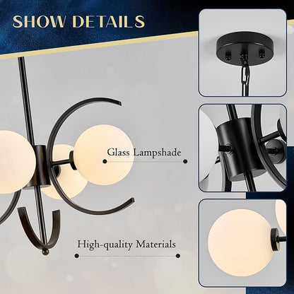 4-Light Modern Sputnik Chandelier L16.5”Small Mid Century Milk Glass Globe Ceiling Pendant Lighting Black Industrial Chandeliers for Entryway Hallway Dining Room Kitchen