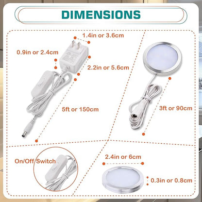 Single Under Cabinet Puck Light, Collection Display Cases Bookshelf Counter LED Lighting, 120V Electric Wired Wall Plug in, On Off Switch, White Cords, 2 Packs, Daylight