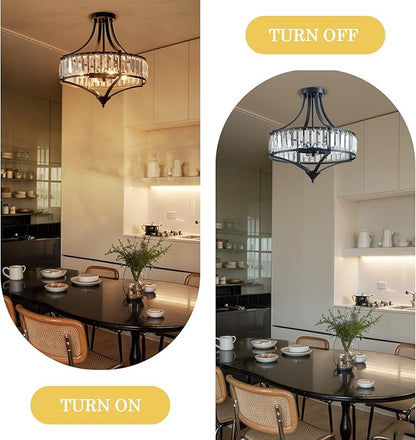 Crystal Black Ceiling Light Fixture, Modern Industrial Chandelier Semi Flush Ceiling Light for Dining Room Living Room Bedroom Hallway, Round Kitchen Lighting Fixtures Ceiling, 4 Lights