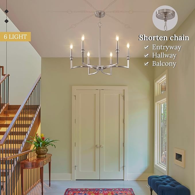 Brushed Nickel Chandelier Light Fixture 6-Light Candle Dining Room Chandelier Lighting Over Table Metal Chandeliers for Bedroom Kitchen Island Foyer Entryway, 26in