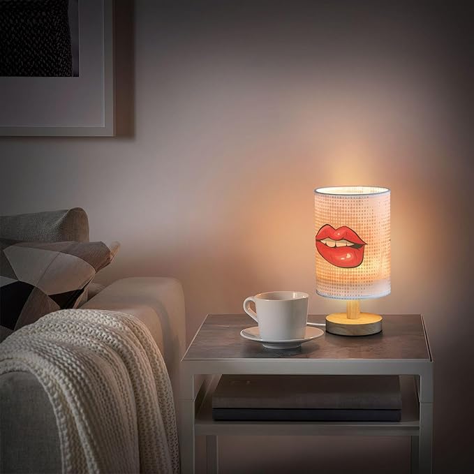 Bite Sexy Red Lip Polka Dot Table Lamp with Wood Base Fabric Lamp Shade Bedside Nightstand Desk Lamp for Living Room Bedroom Kids Room Office